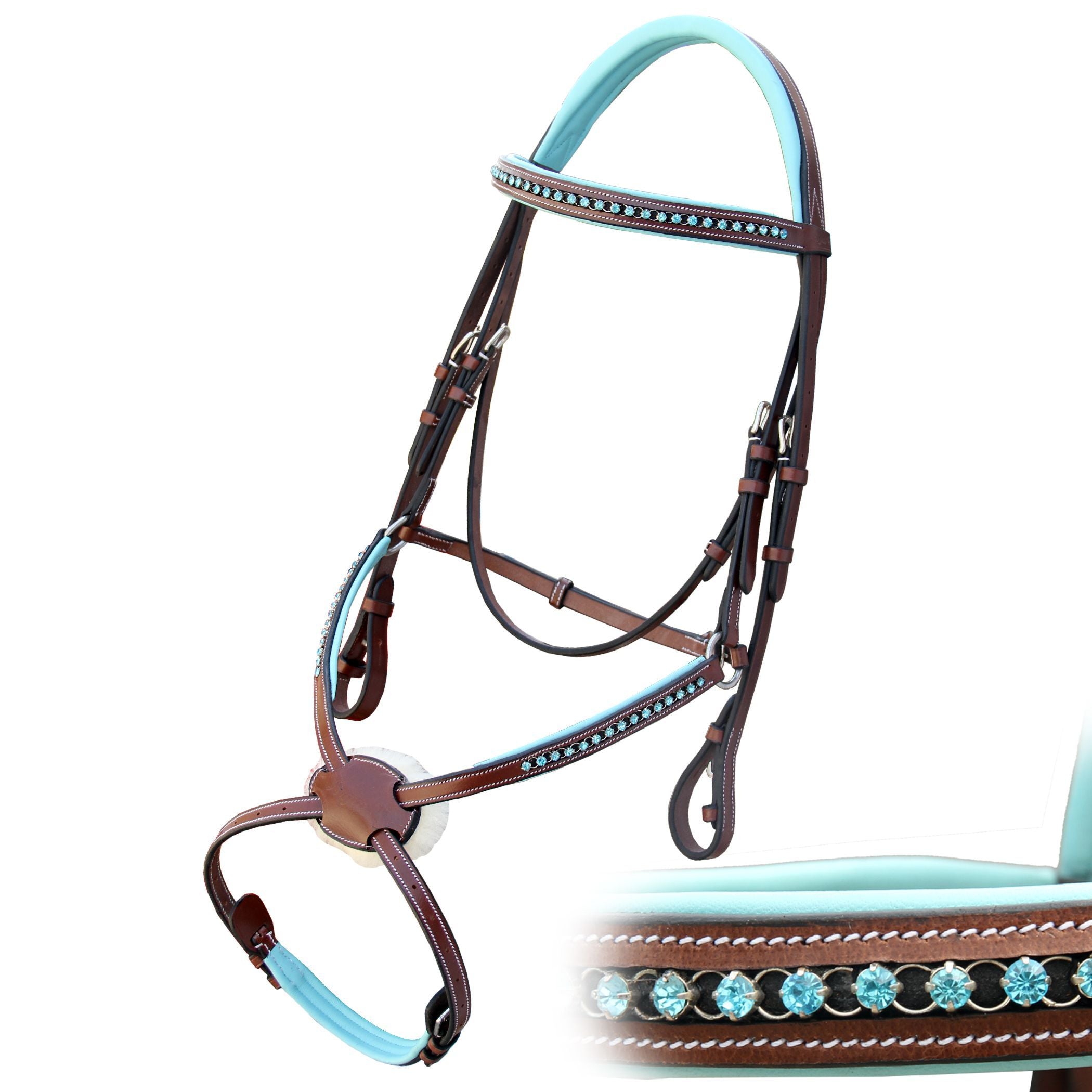 ExionPro Blue Bling Figure 8 Bridle with Baby Blue Soft Lined Crown Piece &  Reins