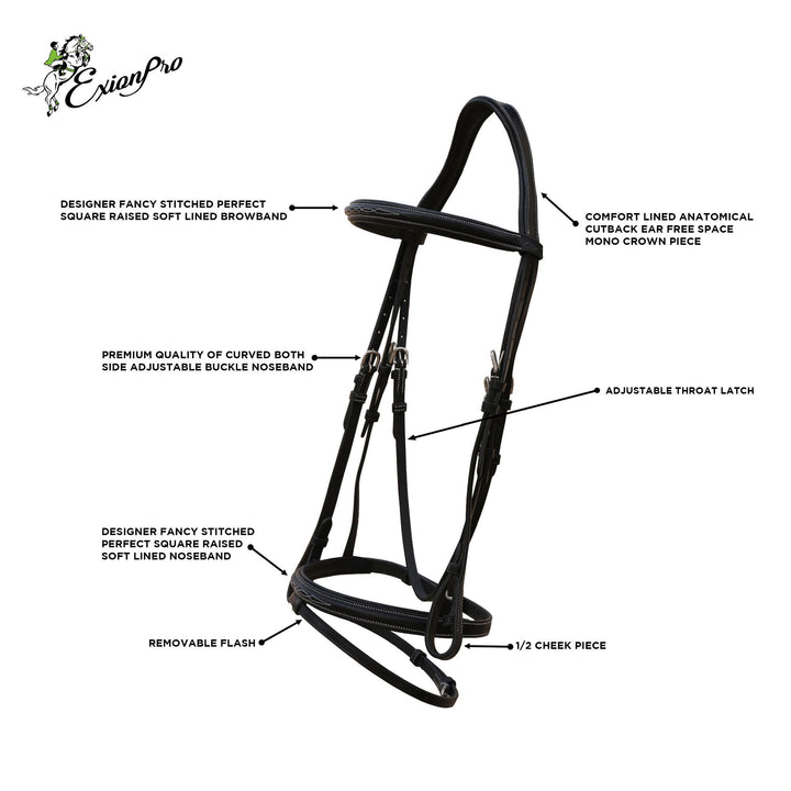 ExionPro Designer Stitched Snaffle Noseband & Figure 8 Noseband Combo Bridle with Anti Slip Reins-Bridles-Bridles & Reins